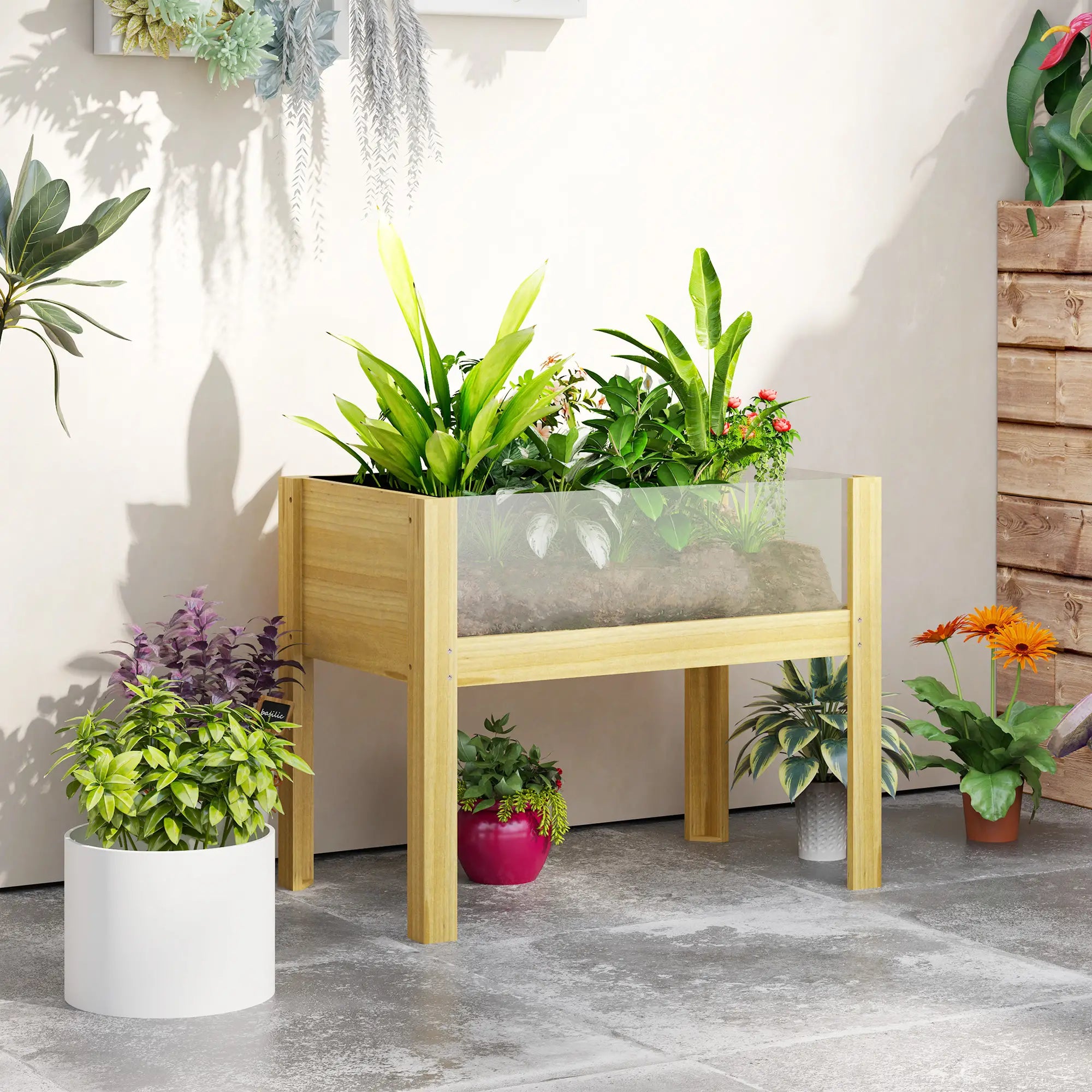 Wooden Raised Garden Bed, Acrylic Panels, Drainage Holes, 29.5
