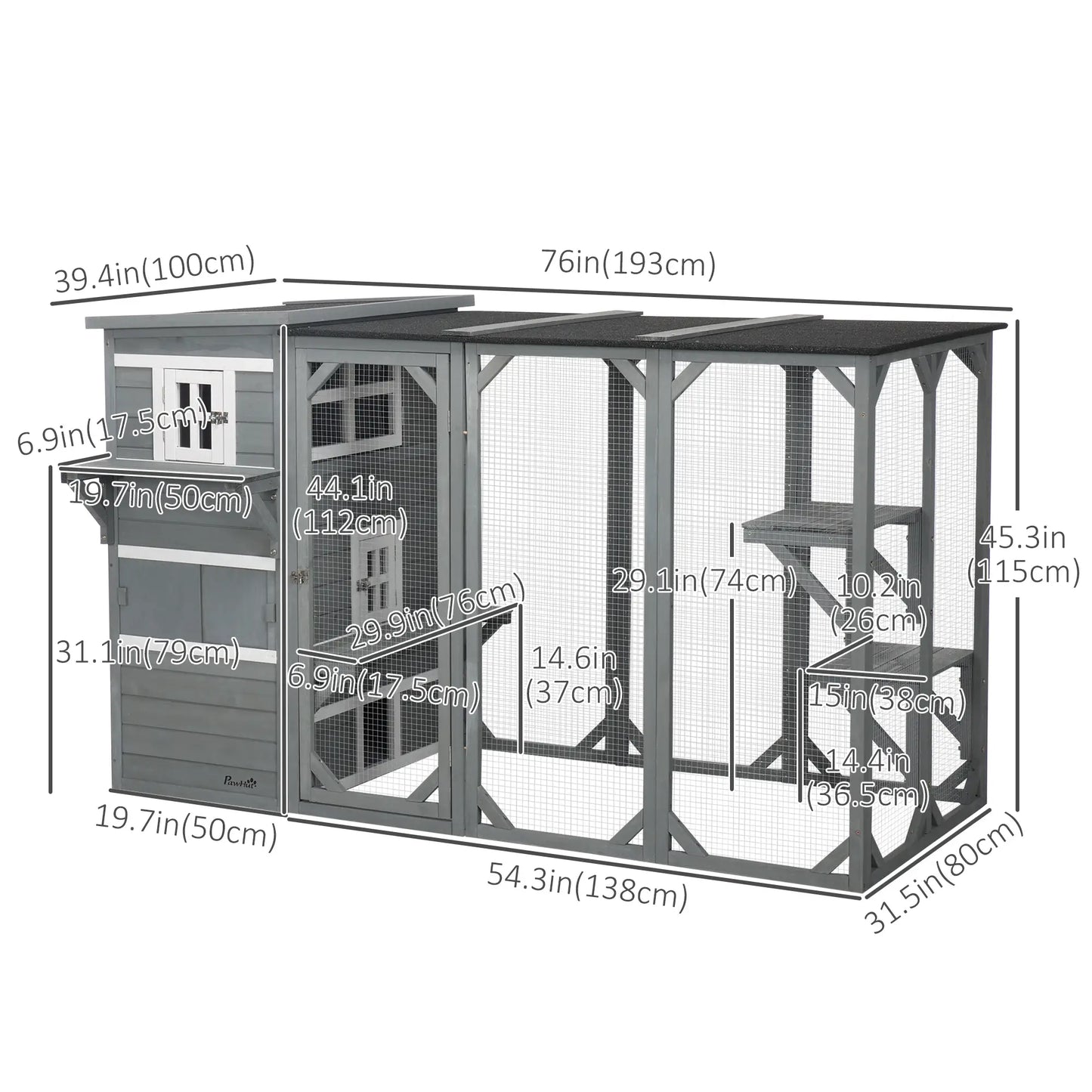 Wooden Cat Catio, 76"L Outdoor Cat House, Asphalt Roof, Light Grey Outdoor Cat Enclosures at Gallery Canada