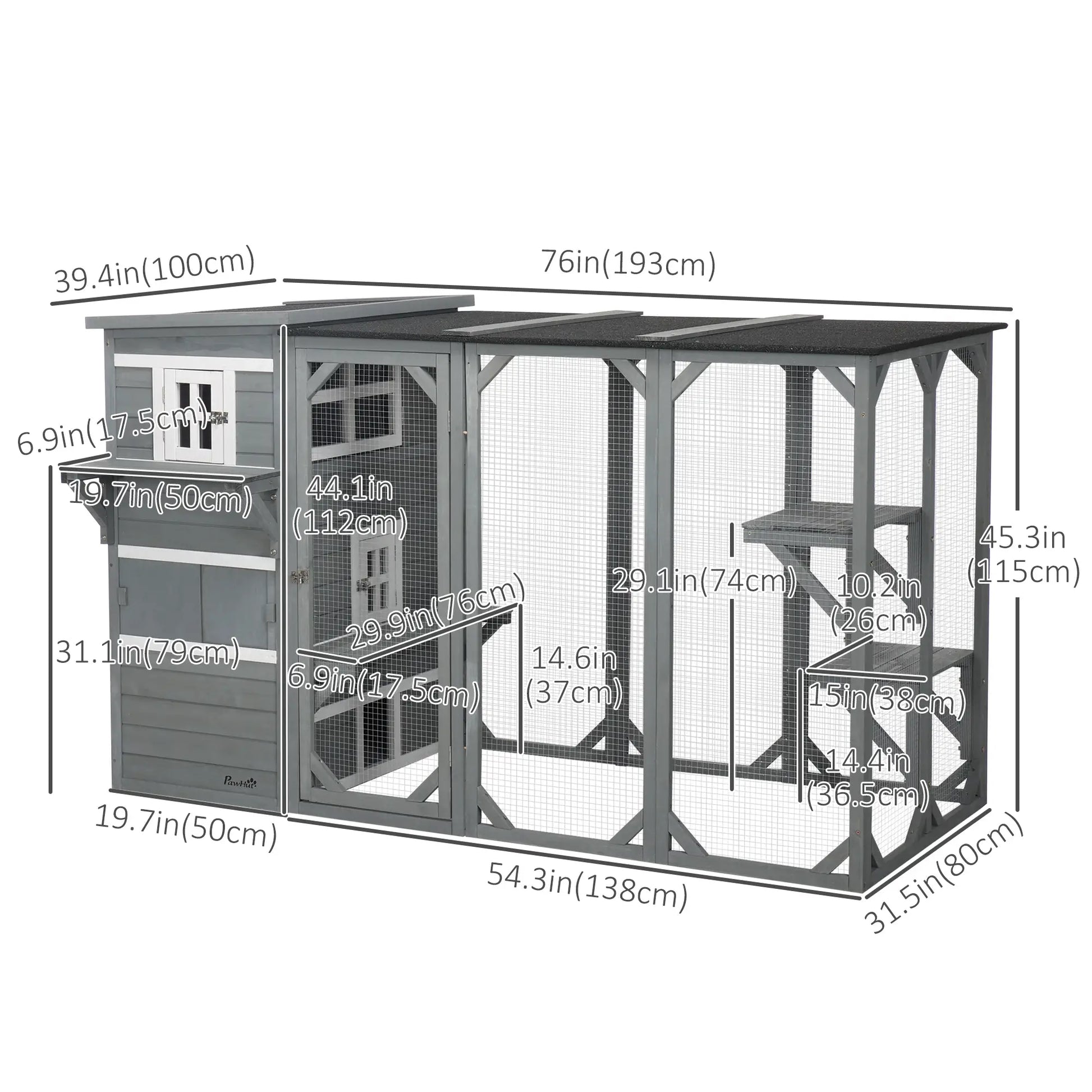 Wooden Cat Catio, 76"L Outdoor Cat House, Asphalt Roof, Light Grey Outdoor Cat Enclosures at Gallery Canada