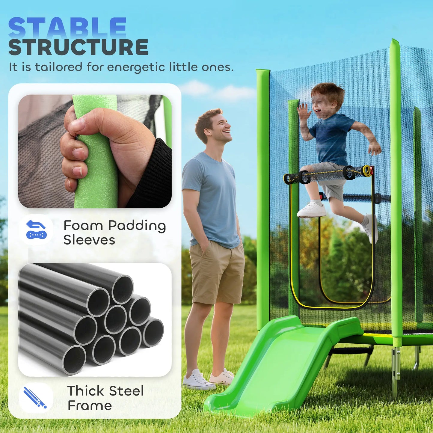 85" Trampoline With Safety Enclosure, Slide Ladder, Ages 3+, Green Trampolines at Gallery Canada