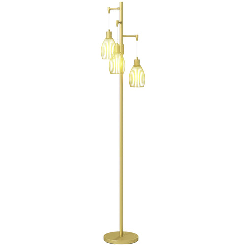 Industrial Floor Lamp, 3 Hanging Wire Lampshades, Dimmable, Gold
