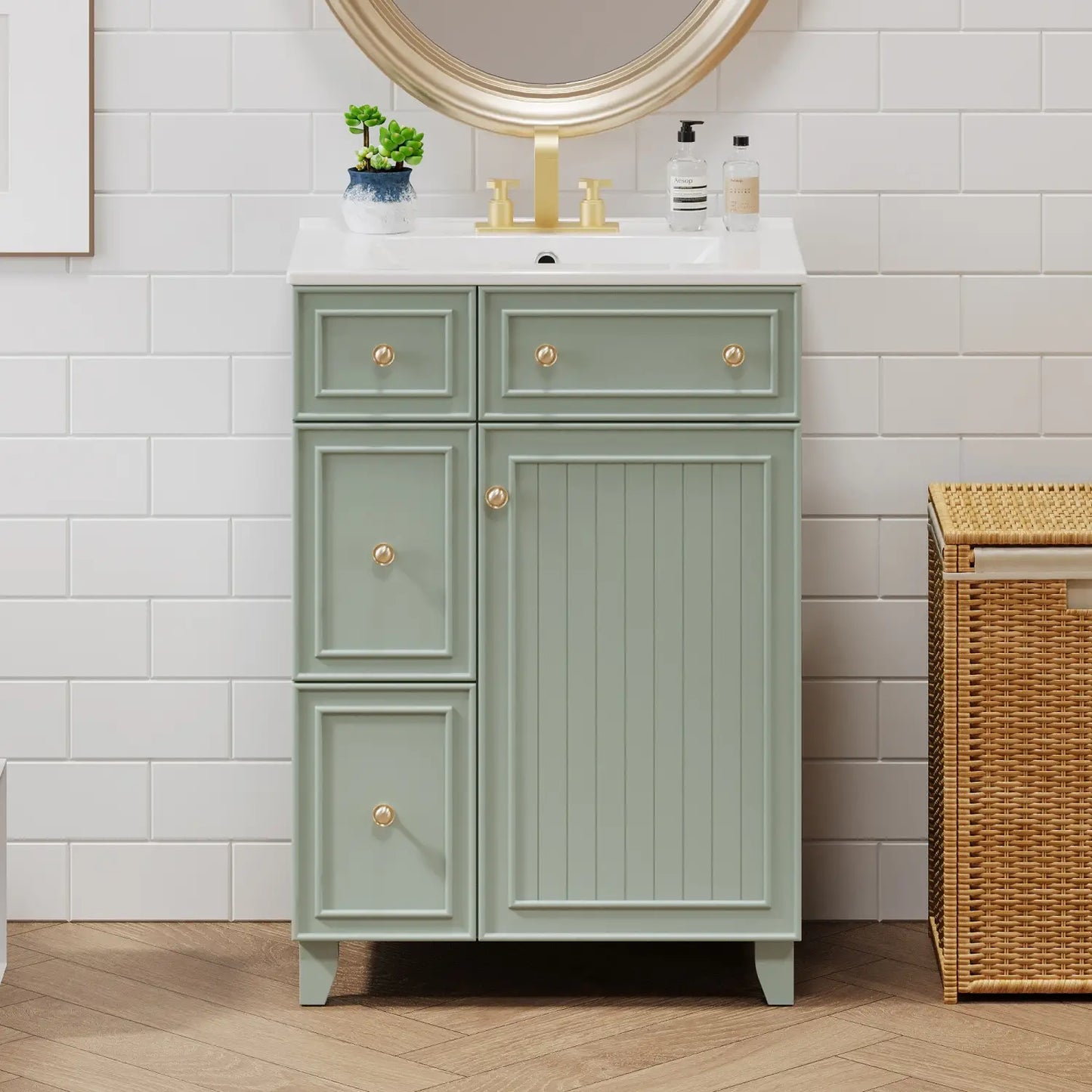 24" Bathroom Vanity, 4 Drawers, Ceramic Sink, Solid Wood, Green+White Sink Cabinets at Gallery Canada
