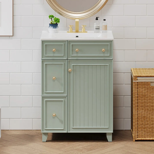 24" Bathroom Vanity, 4 Drawers, Ceramic Sink, Solid Wood, Green+White Sink Cabinets Green, White at Gallery Canada