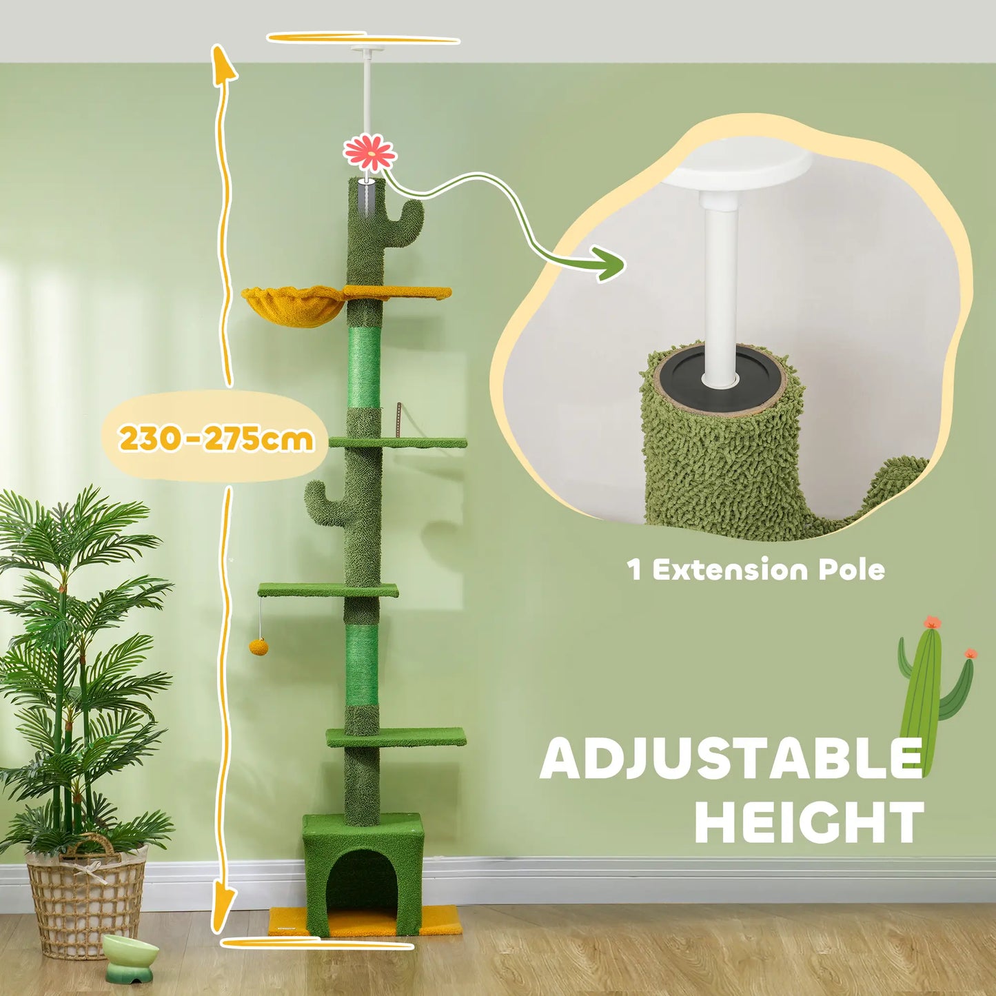 Adjustable Cat Tree Tower, 90.5"-108", Scratching Posts, Hammock, Green Floor to Ceiling Cat Trees at Gallery Canada