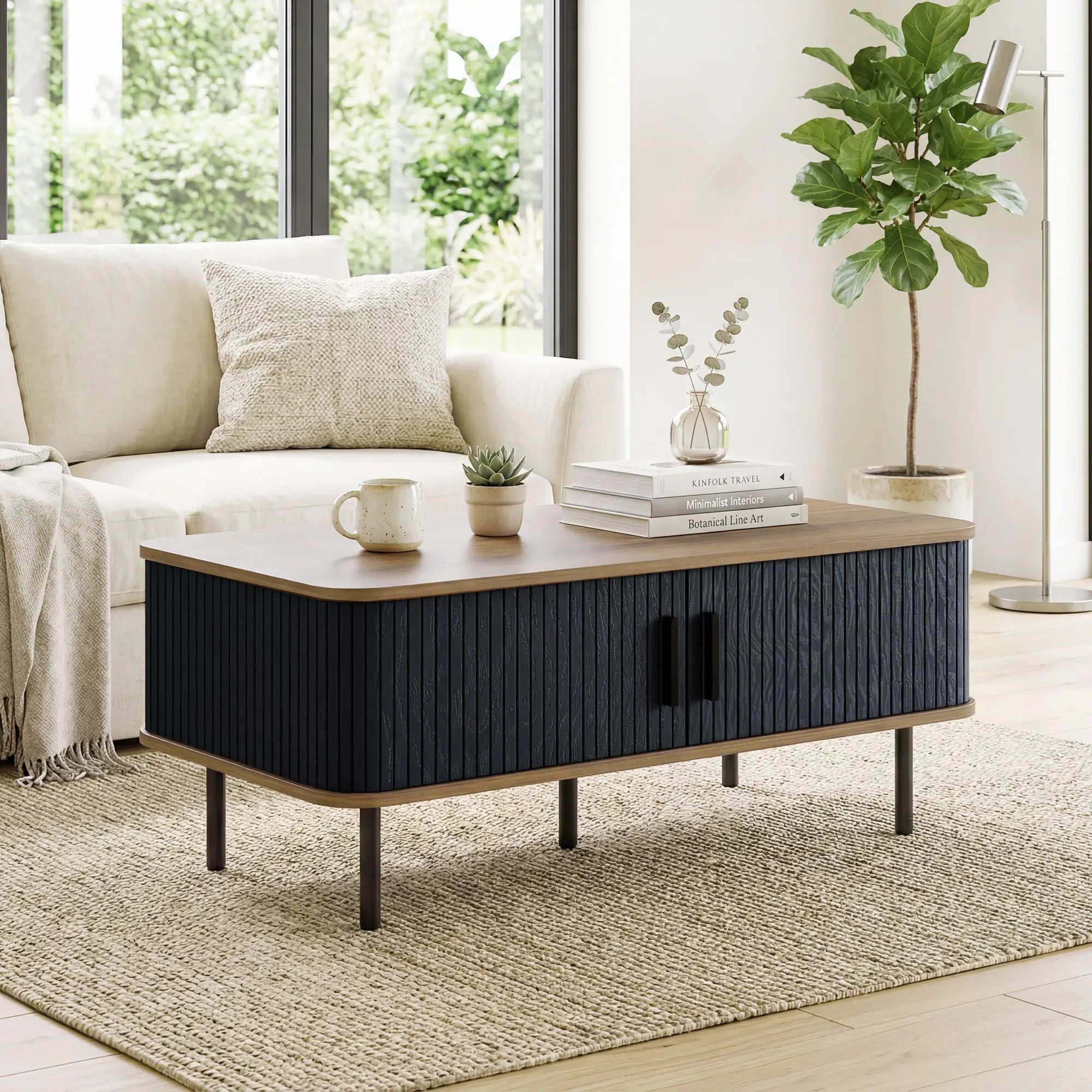 Nordic Side Table with Fluted Tambour Sliding Doors and Steel Legs, Coffee Table with Storage for Living Room, Black Coffee Tables at Gallery Canada