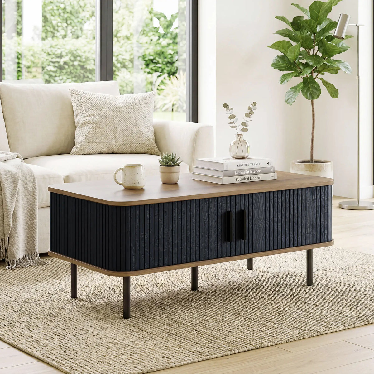 Nordic Side Table with Fluted Tambour Sliding Doors and Steel Legs, Coffee Table with Storage for Living Room, Black Coffee Tables at Gallery Canada