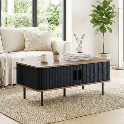 Nordic Side Table with Fluted Tambour Sliding Doors and Steel Legs, Coffee Table with Storage for Living Room, Black Coffee Tables at Gallery Canada