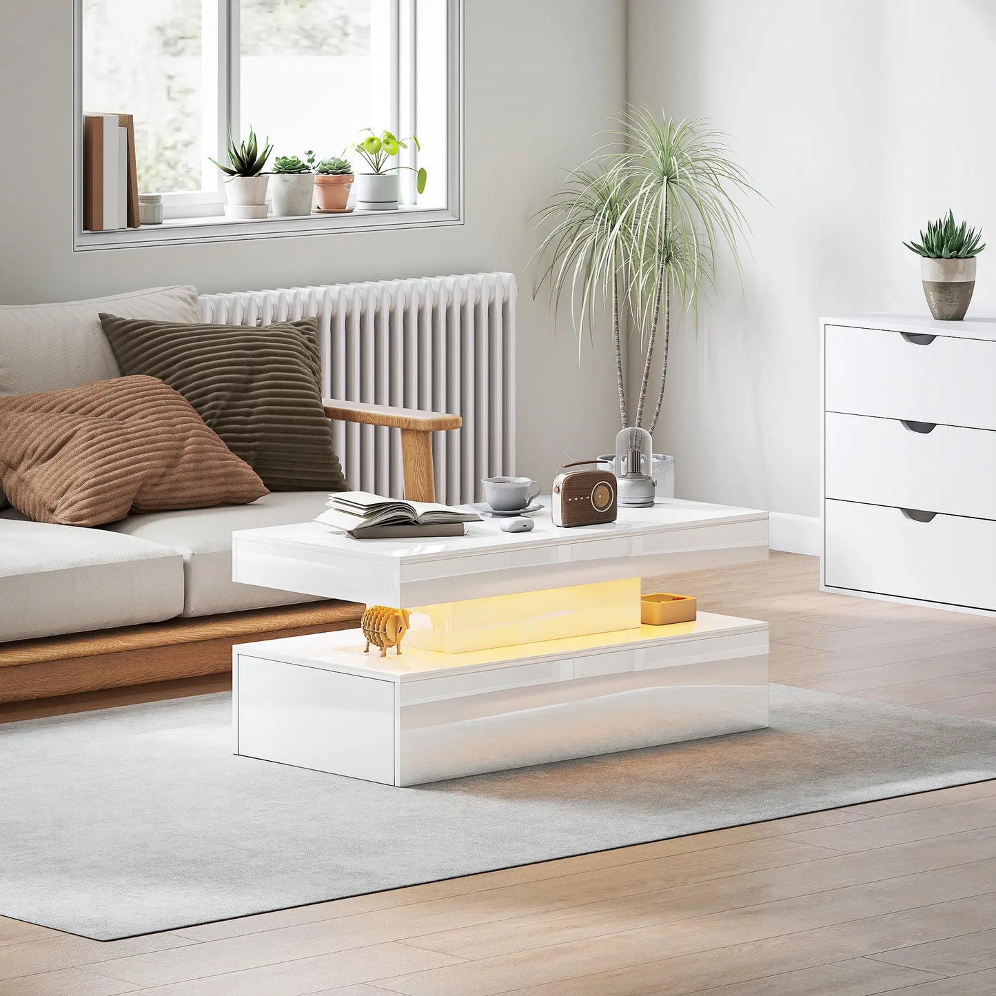 LED Coffee Table, 2 Drawers, Open Shelf, High Gloss White, White Coffee Tables at Gallery Canada