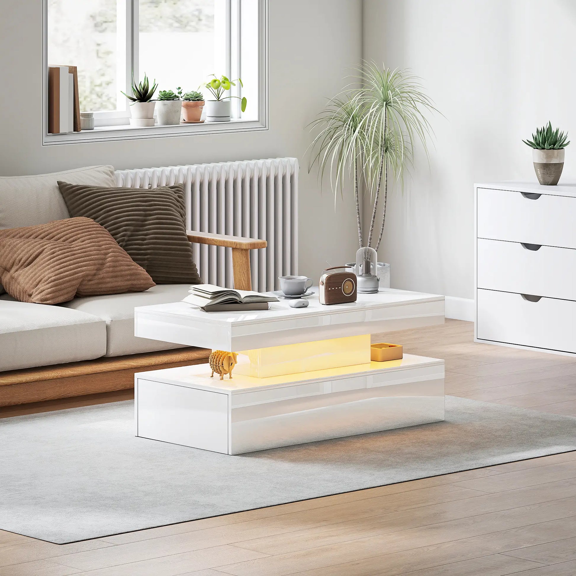 LED Coffee Table, 2 Drawers, Open Shelf, High Gloss White, White Coffee Tables at Gallery Canada