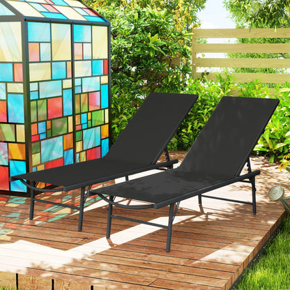 Folding Outdoor Lounge Chairs, 2 Pieces, Adjustable Back, Mesh Seat, Black