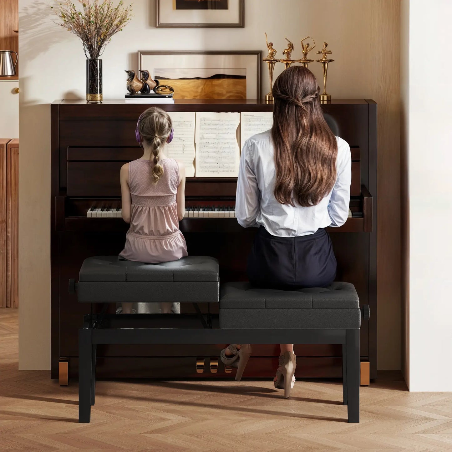 Height Adjustable Piano Bench with Storage, PU Leather Tufted, Black Piano Benches at Gallery Canada