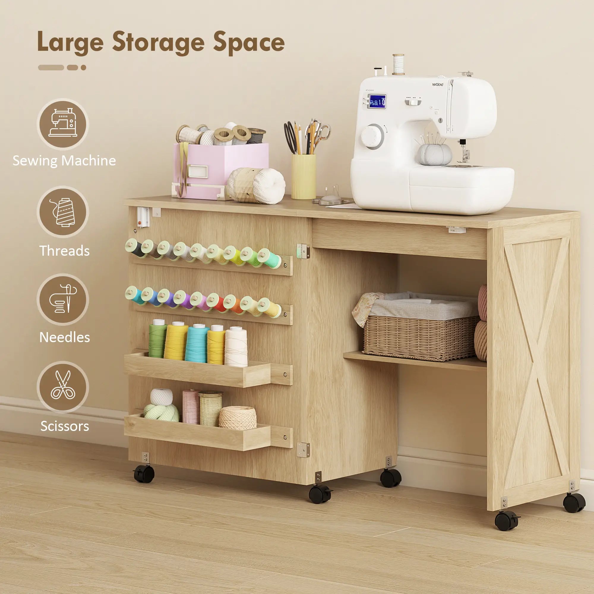 Sewing Machine Table on Wheels, Folding Craft Table with Storage, Natural Storage Cabinets at Gallery Canada