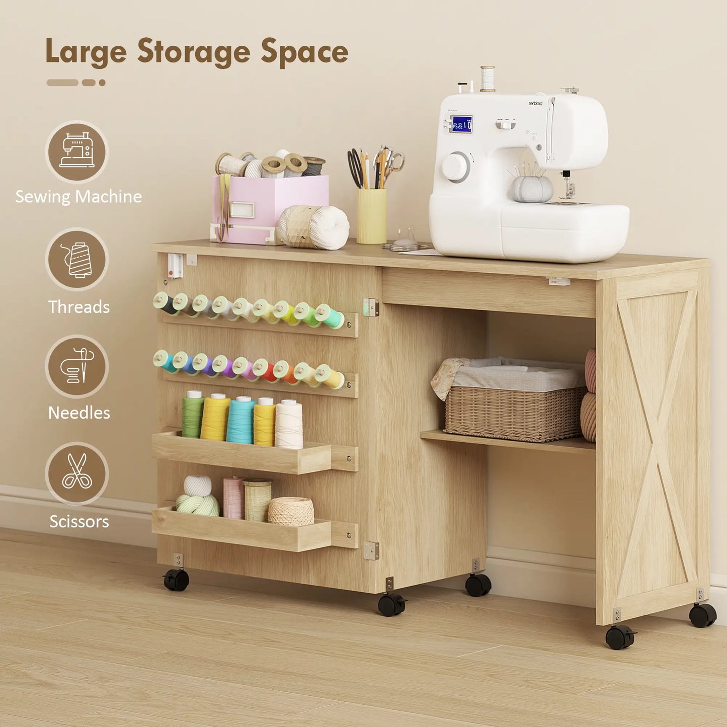 Sewing Machine Table on Wheels, Folding Craft Table with Storage, Natural Storage Cabinets at Gallery Canada