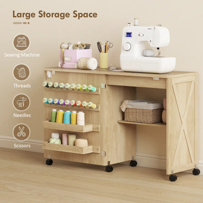 Sewing Machine Table on Wheels, Folding Craft Table with Storage, Natural Storage Cabinets at Gallery Canada
