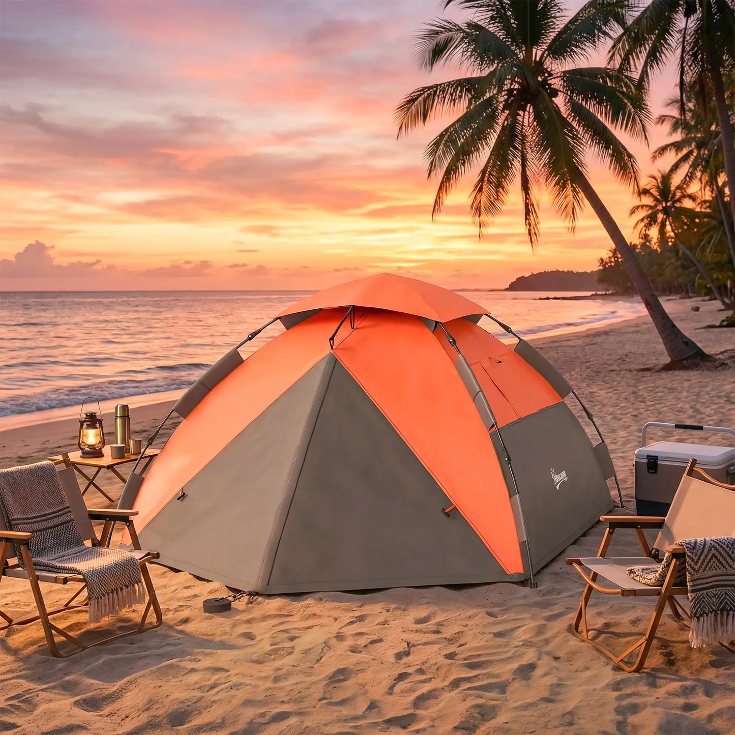 Pop up Camping Tent, 3-4 Man Family Tent, 3000mm Waterproof, with Carry Bag and Top Hook, Dark Grey and Orange Camping Tents at Gallery Canada