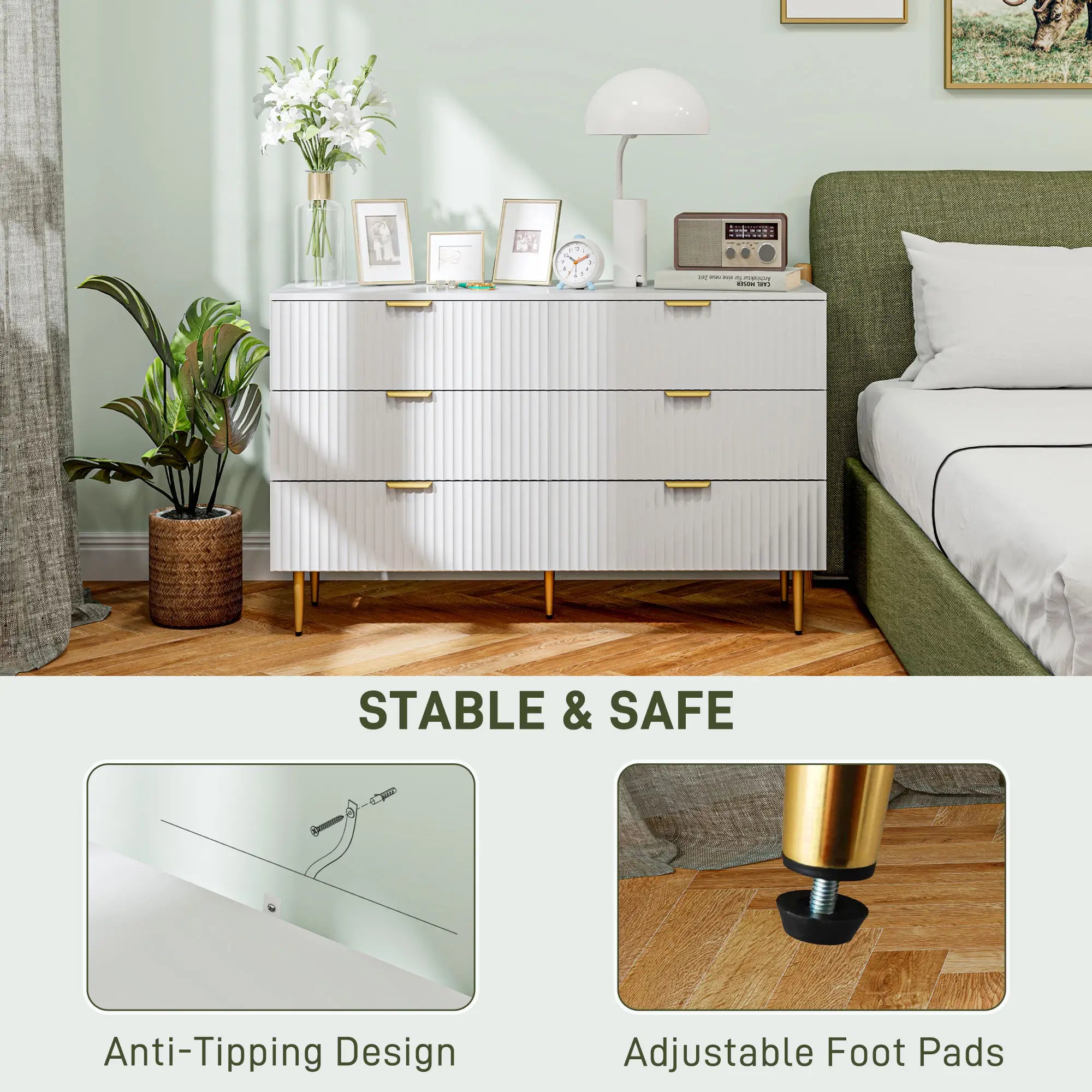 Modern 6 Drawer Dresser, Gold Legs and Handles, White Storage Cabinets at Gallery Canada