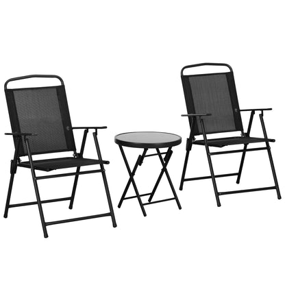Ensemble Bistro 3 pièces, Mobilier de patio pliable, Chaises en maille, Table en verre, Noir