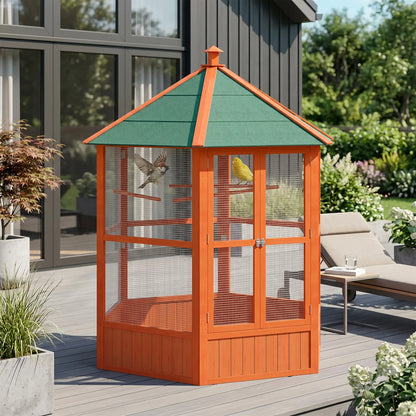 70"H Hexagonal Wooden Bird Cage, Outdoor Aviary with Doors Bird Cages at Gallery Canada