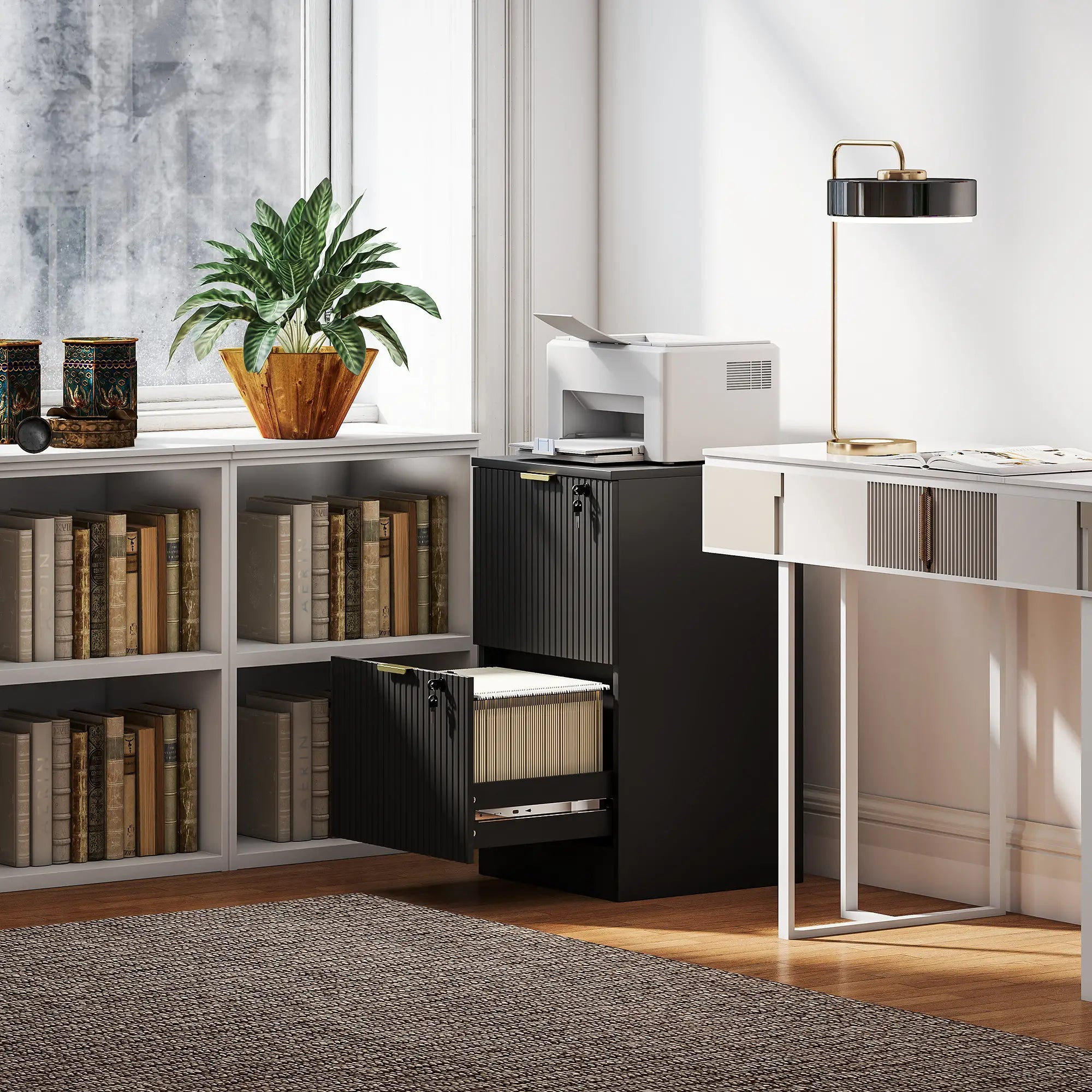 Lockable Filing Cabinet, 2 Fluted Drawers, Adjustable Hanging Rails, Black Office Cabinets & Cupboards at Gallery Canada