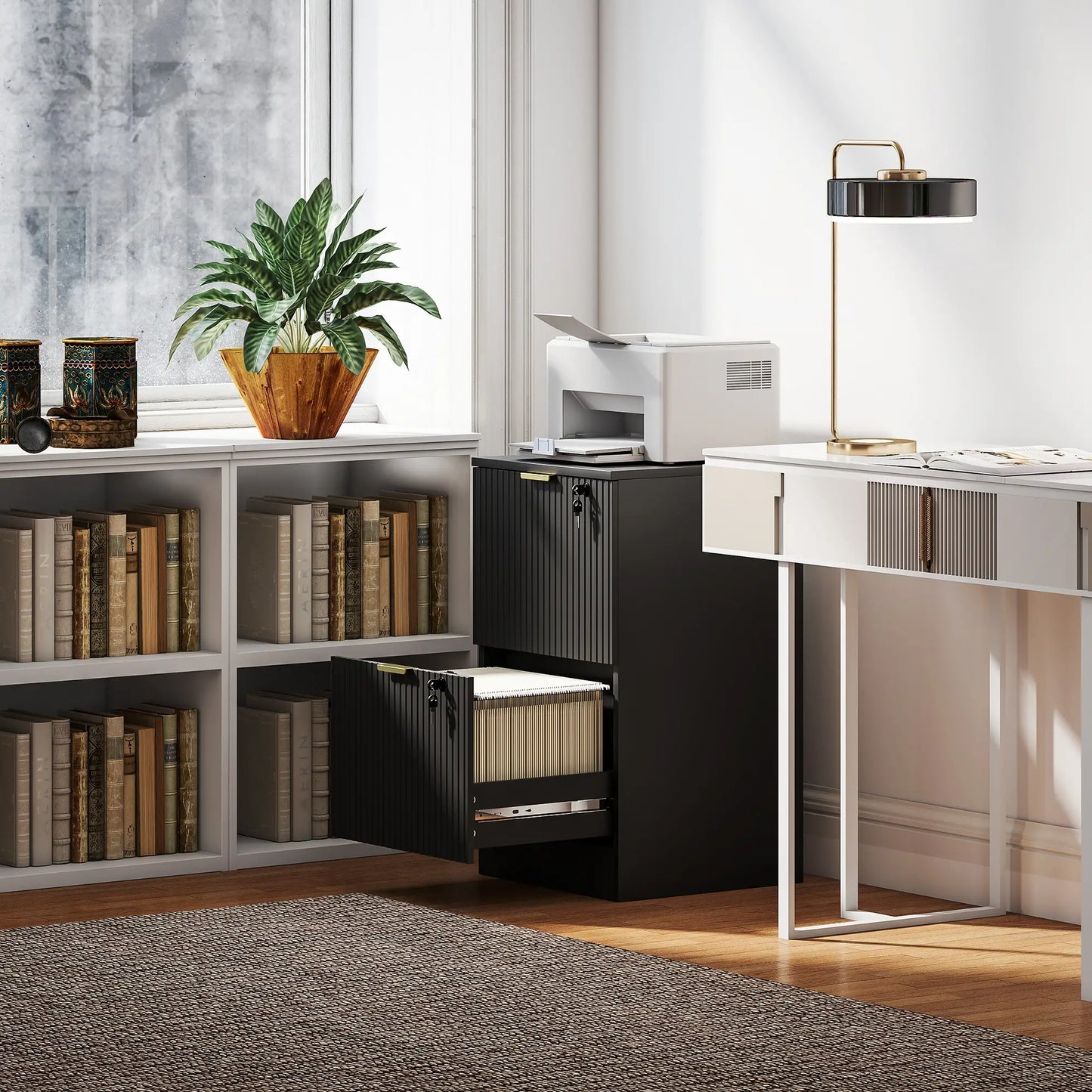 Lockable Filing Cabinet, 2 Fluted Drawers, Adjustable Hanging Rails, Black Office Cabinets & Cupboards at Gallery Canada