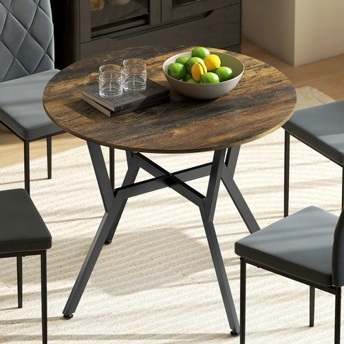35 Inch Round Dining Table, Steel Frame, Rustic Brown