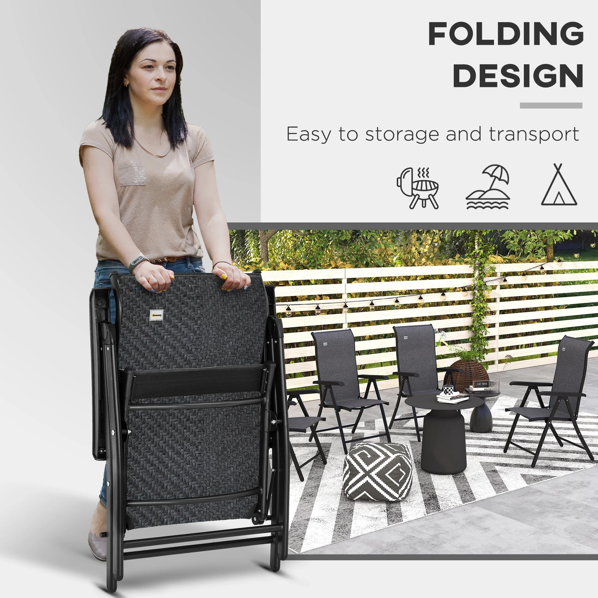 2PCs Outdoor Wicker Folding Chairs, Adjustable Backrest, Grey Patio Chairs at Gallery Canada