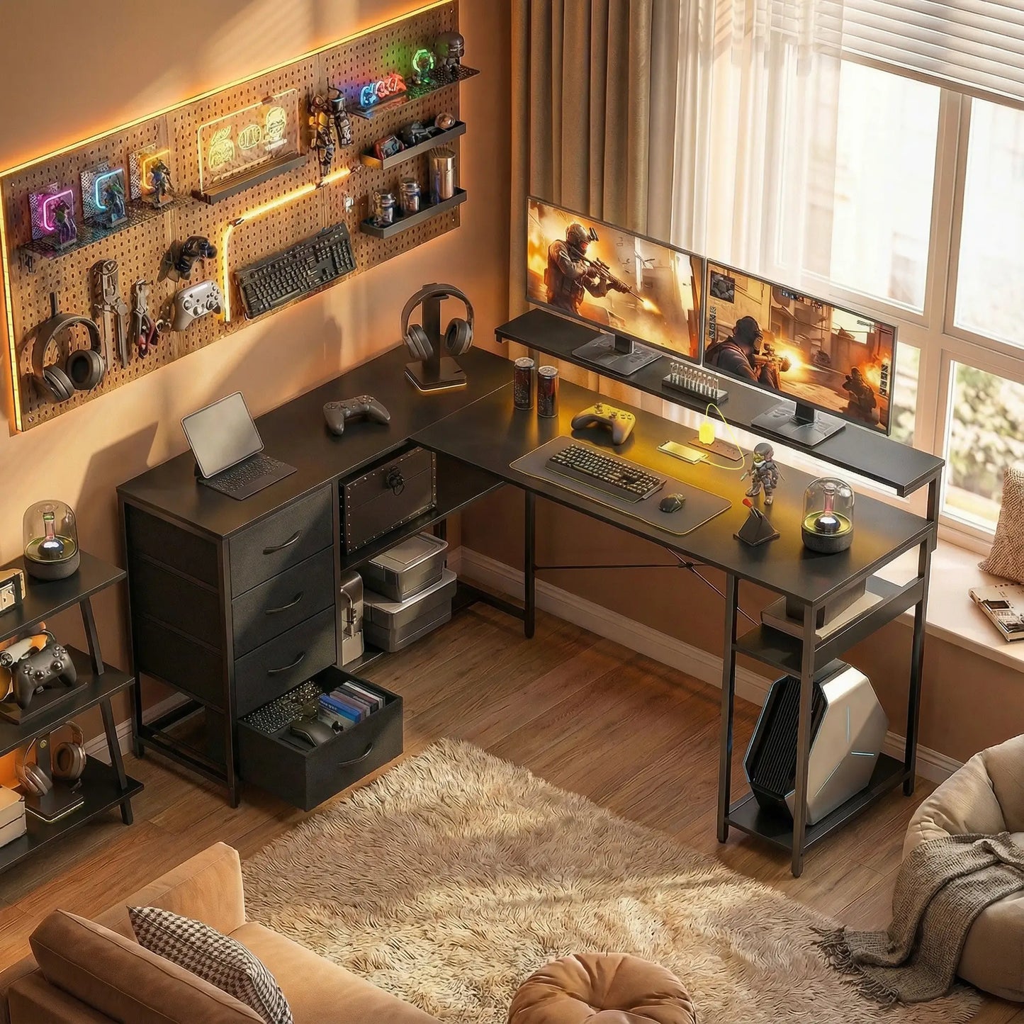 Gaming Desk With Power Outlets, LED Lights, Drawers, Monitor Stand, 61", Black Gaming Desks at Gallery Canada