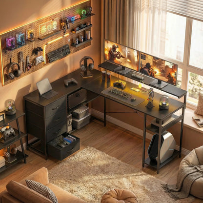 Gaming Desk With Power Outlets, LED Lights, Drawers, Monitor Stand, 61", Black Gaming Desks at Gallery Canada