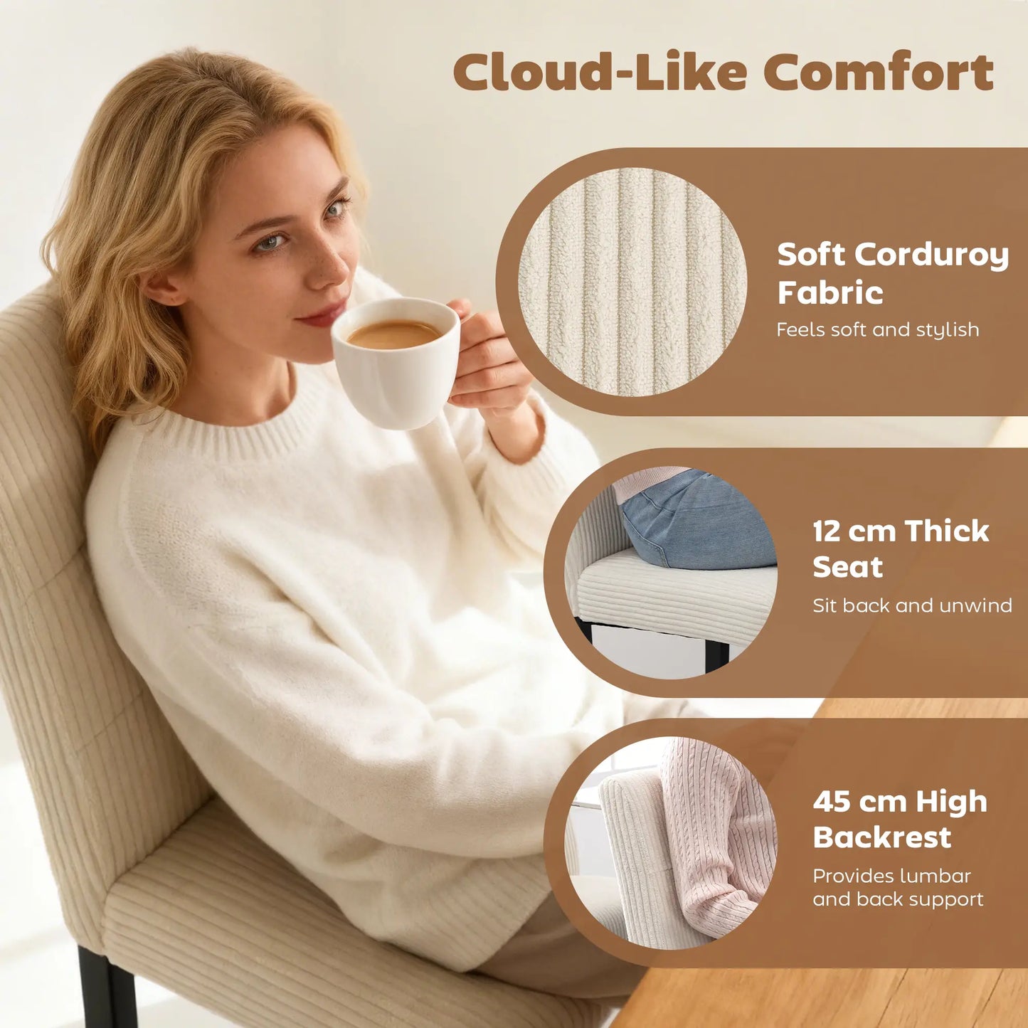 Modern Dining Chairs Set of 4, Rubberwood Legs, Padded Seat, Beige