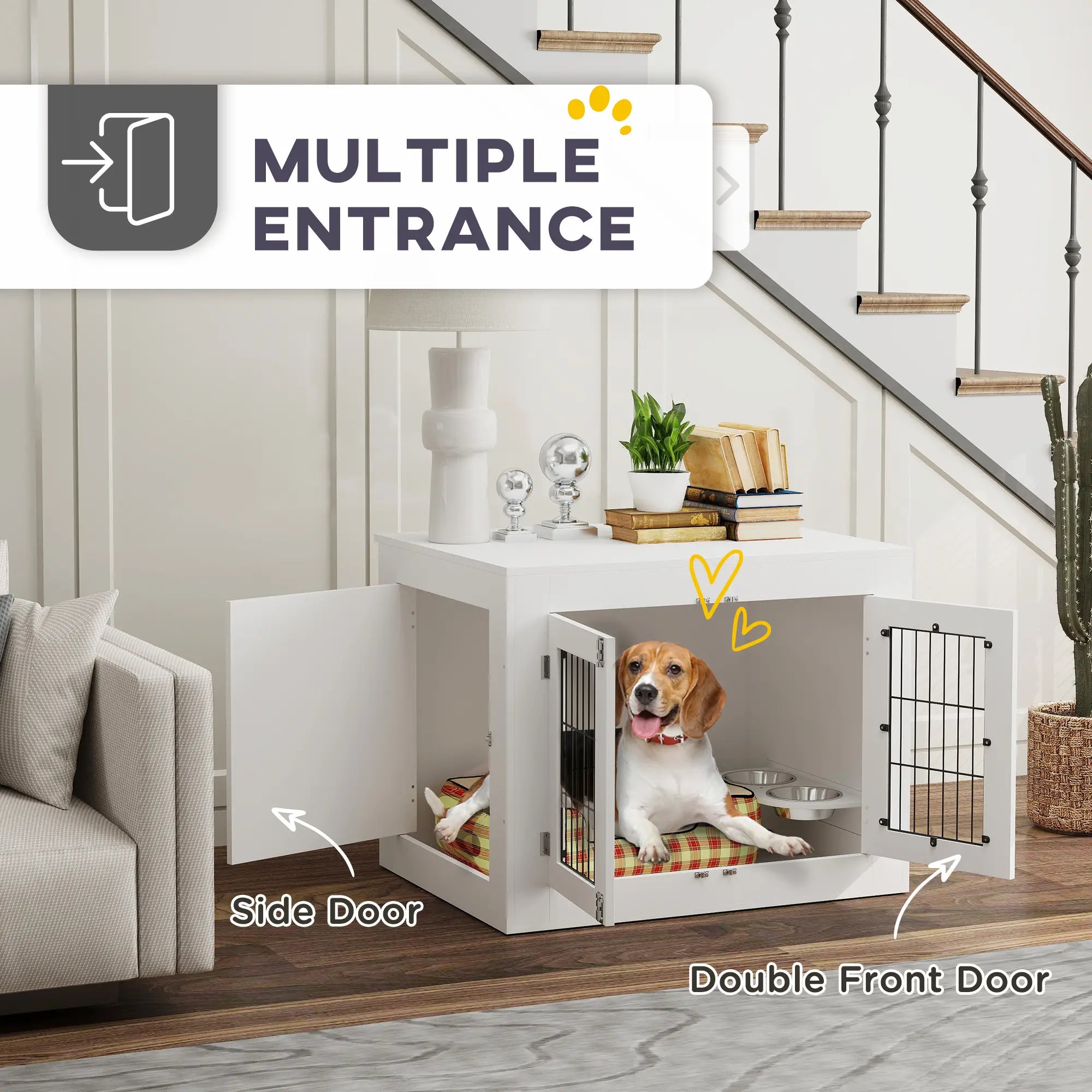 Dog Crate Furniture, 360° Rotatable Bowls, Two Doors, Medium Dogs, 31.5