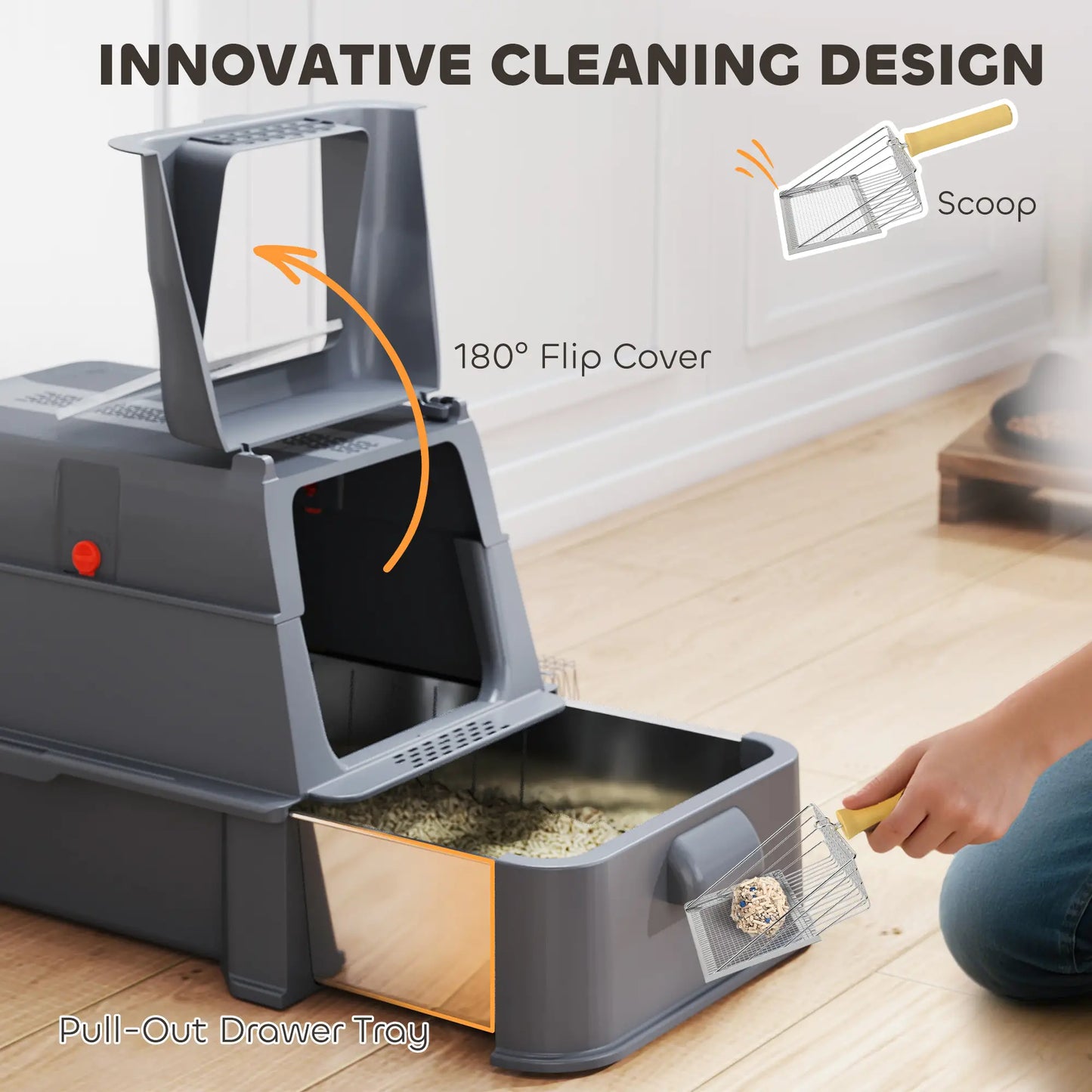 80L XL Stainless Steel Cat Litter Box, Flip Cover, Pull-Out Drawer, Dark Grey Cat Litter Box Enclosures at Gallery Canada