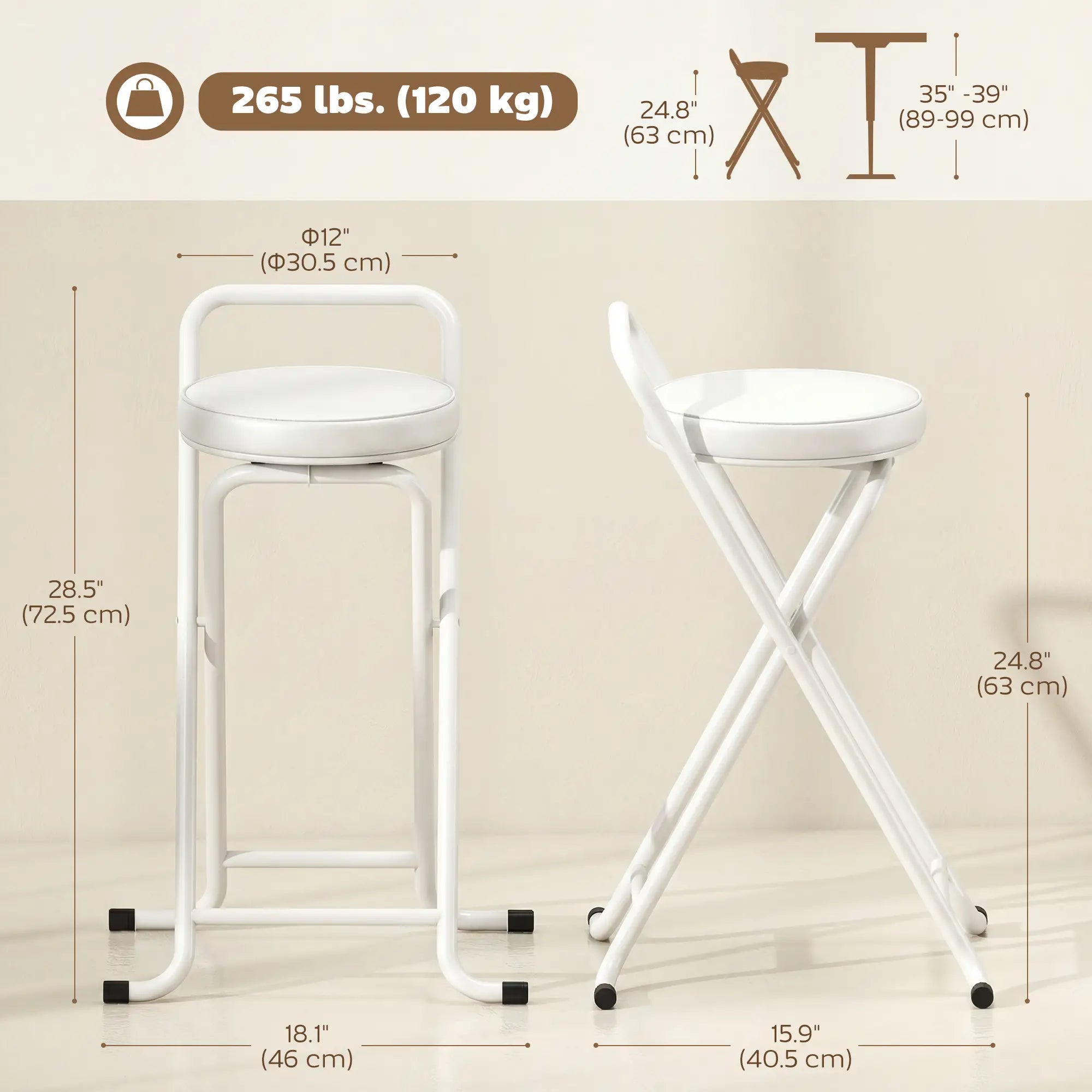 Foldable Bar Stools Set Of 2, PU Cushioned Seat With Footrest, White Bar Stools at Gallery Canada