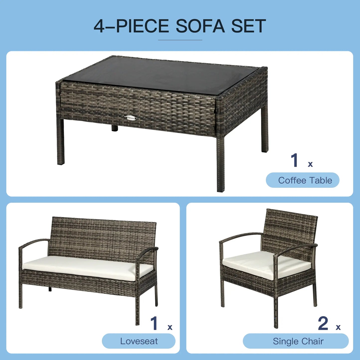 4-Piece Patio Set, Loveseat, 2 Armchairs, Coffee Table, PE Rattan, Cushions, Grey, Cream Patio Furniture Sets at Gallery Canada