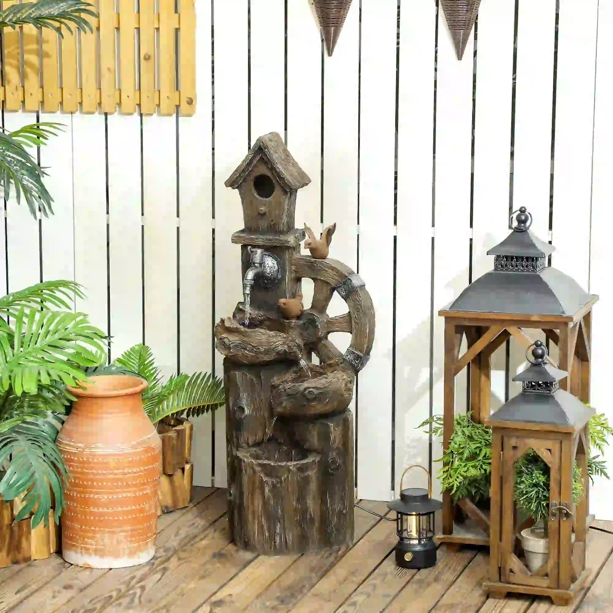 2-in-1 Outdoor Water Fountain With Birdhouse, 13.6