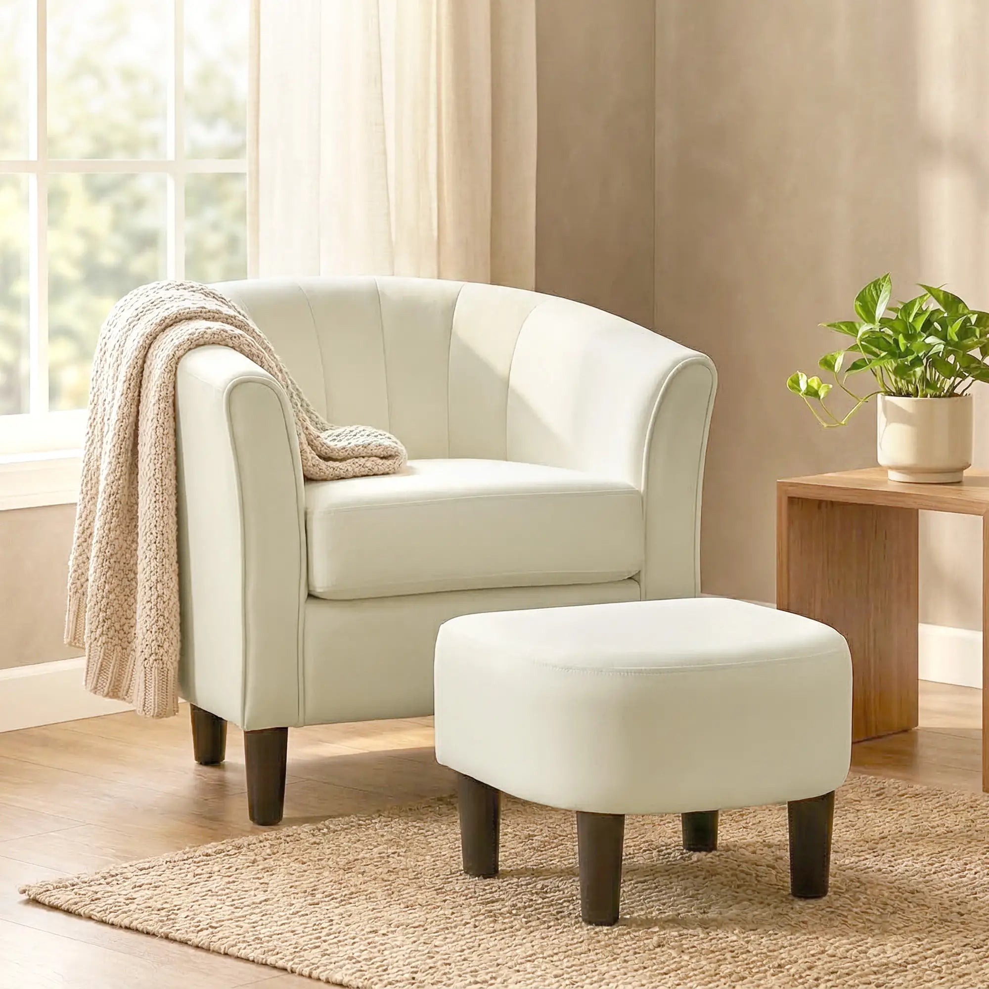 Accent Chair Modern Upholstered Living Room Chair with Ottoman and Pocket Spring Cushion Cream White Accent Chairs at Gallery Canada