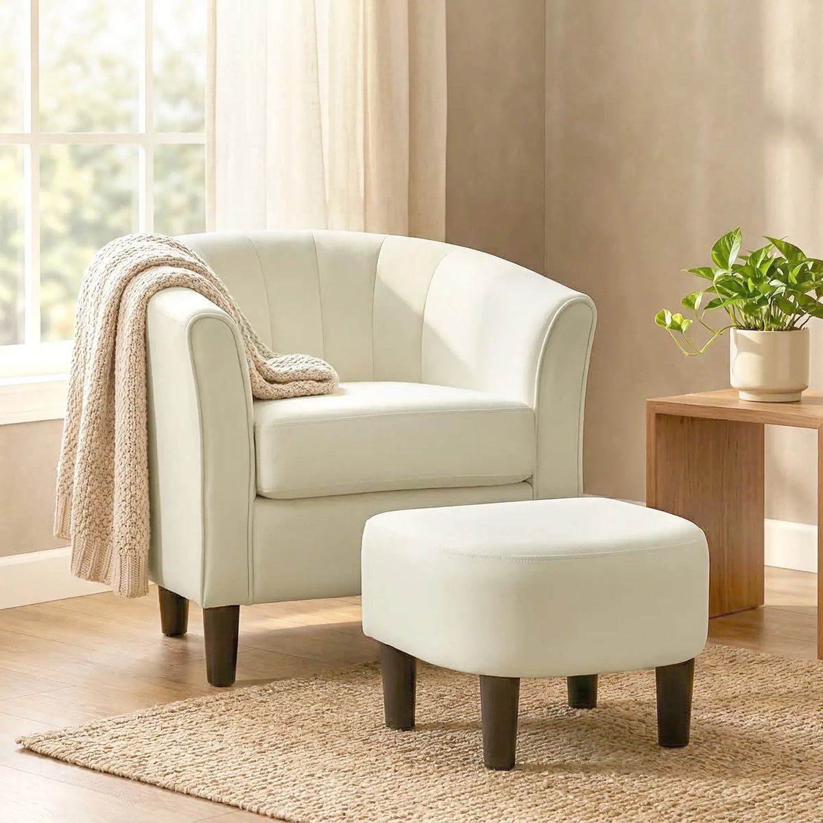 Accent Chair Modern Upholstered Living Room Chair with Ottoman and Pocket Spring Cushion Cream White Accent Chairs at Gallery Canada