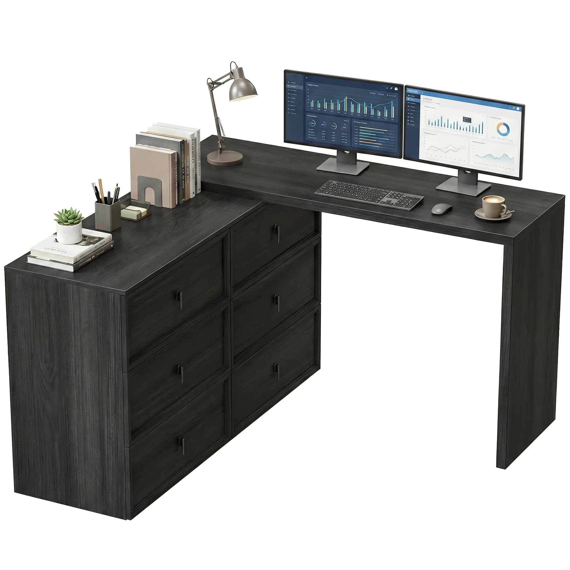 L Shaped Computer Desk, 6 Drawers, Wood Grain, Black Computer Desks at Gallery Canada