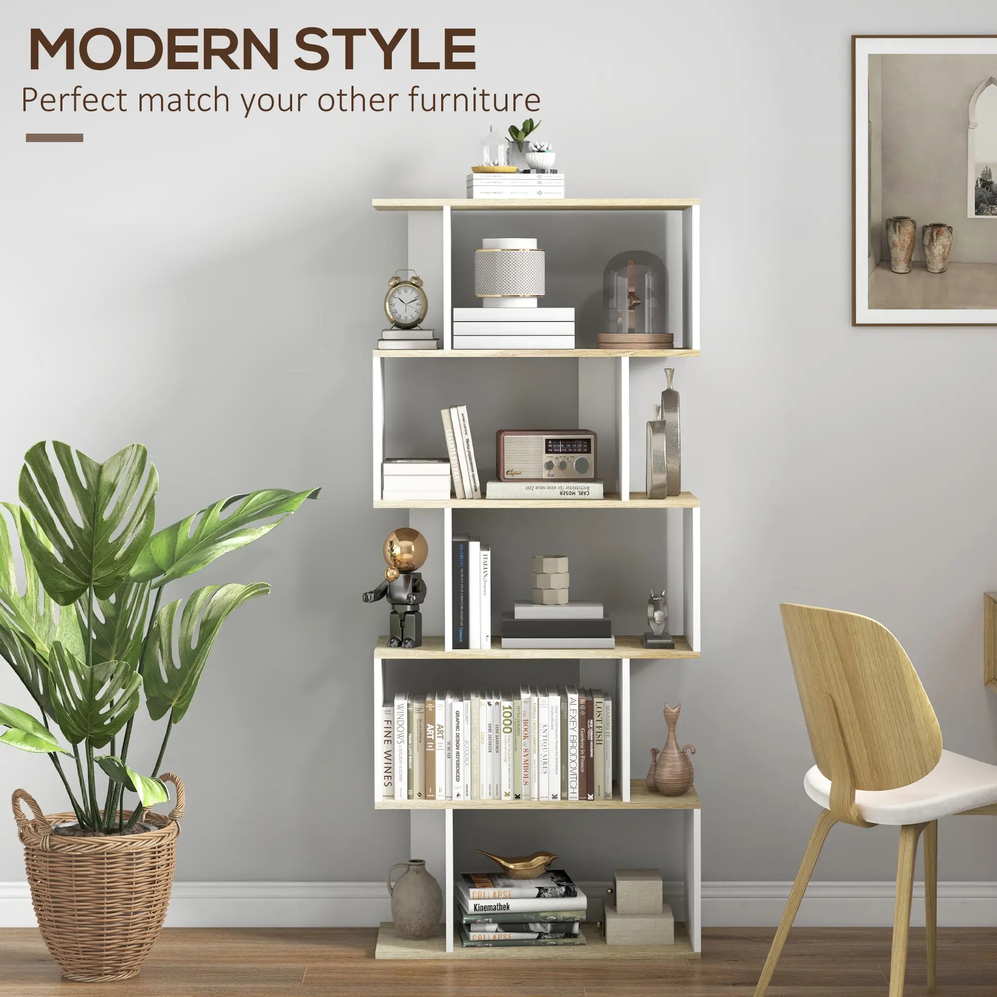 5-Tier Geometric S Shaped Bookcase, Tall Narrow Display Shelf, White Display Bookshelves at Gallery Canada