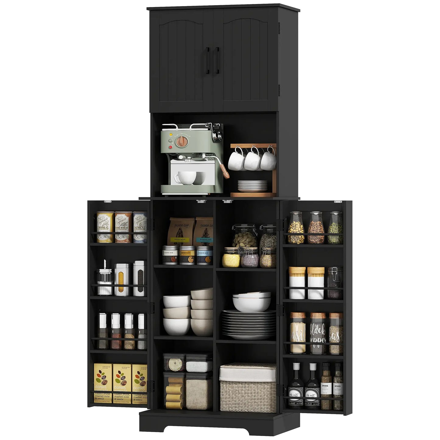 71.5" Tall Pantry Cabinet, Farmhouse Kitchen Storage, Adjustable Shelves, Black Kitchen Pantry Cabinets Black at Gallery Canada