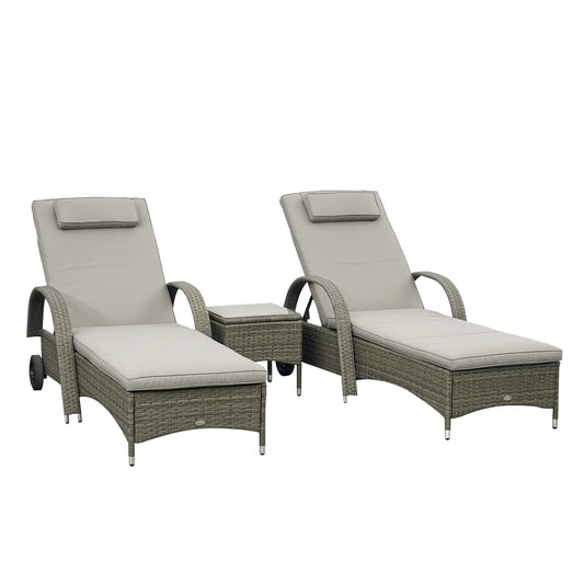Rattan Lounge Set, Wheeled Chaise Chair with Glass Table, Mixed Grey, Grey Chaise Loungers Mixed Grey Rattan, Grey Cushion at Gallery Canada