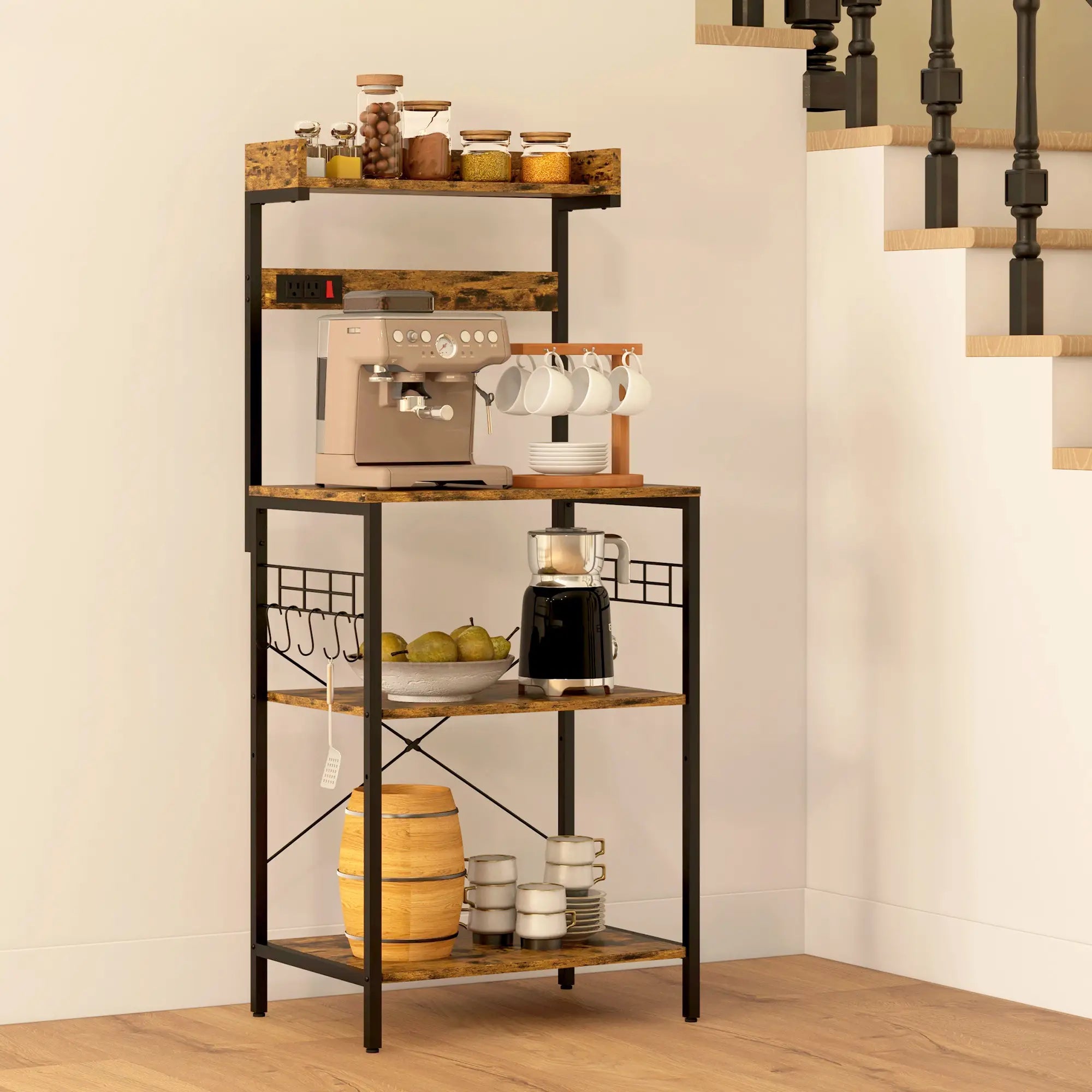 Kitchen Baker's Rack with Power Outlet, Adjustable Shelves, Rustic Brown, Brown Bar Cabinets at Gallery Canada