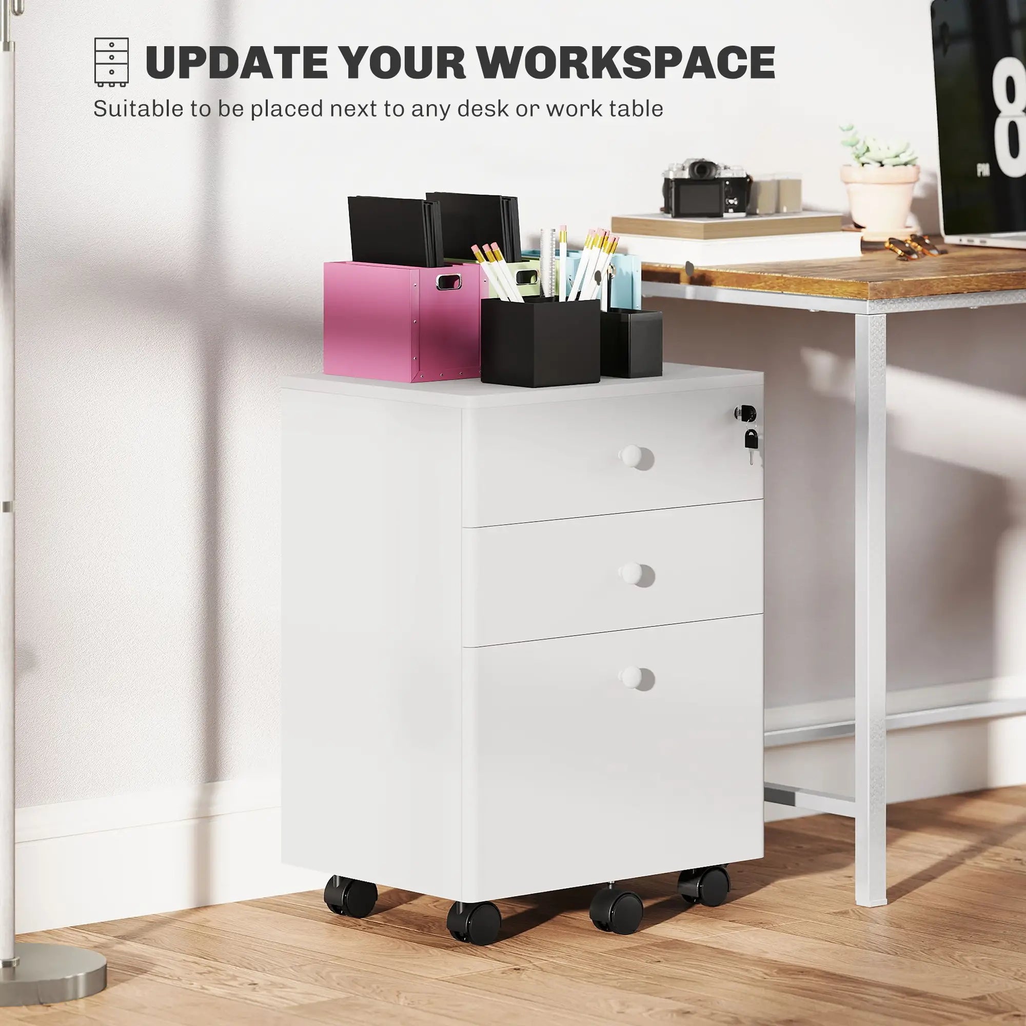 3-Drawer Small Filing Cabinet with Lock, Vertical Office Storage, White Office Cabinets & Cupboards at Gallery Canada