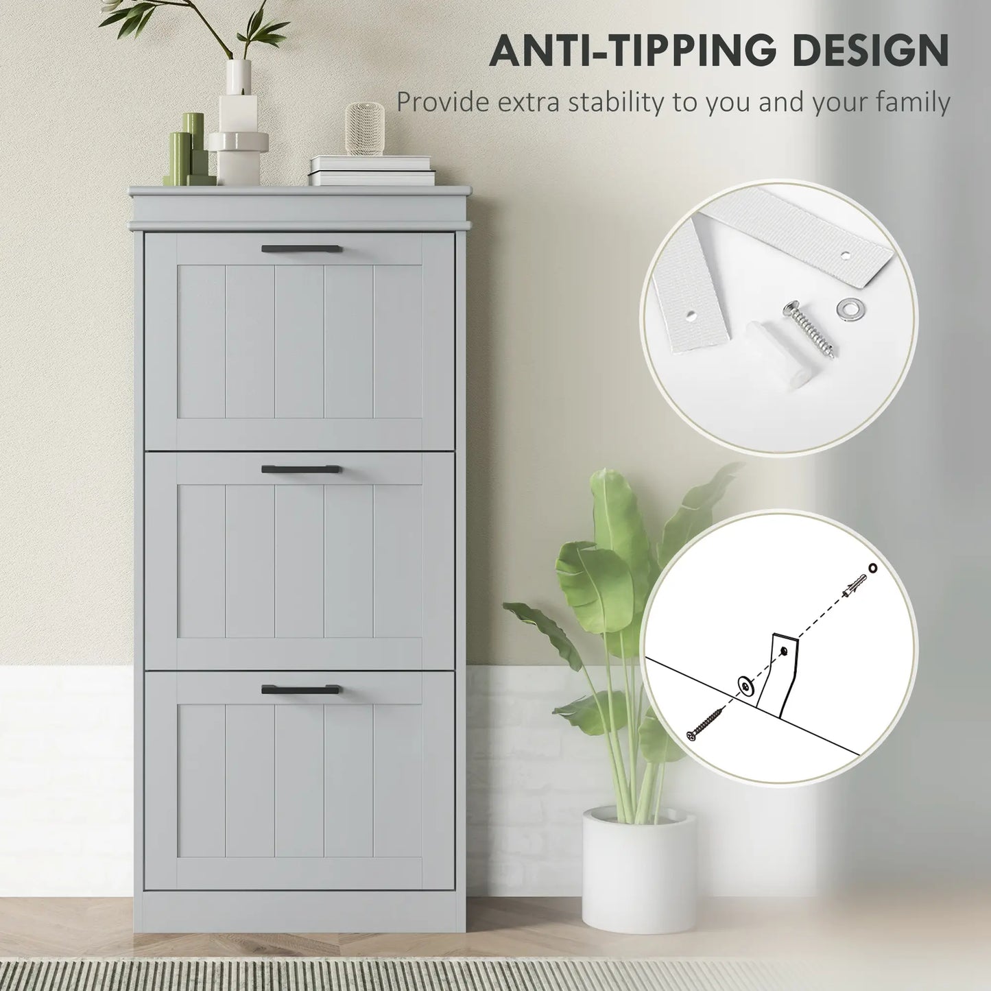 Slim Shoe Cabinet with 3 Flip Drawers and Adjustable Shelves, Narrow Shoe Cabinet for 15 Pairs of Shoes, Grey Shoe Storage Cabinets & Racks at Gallery Canada