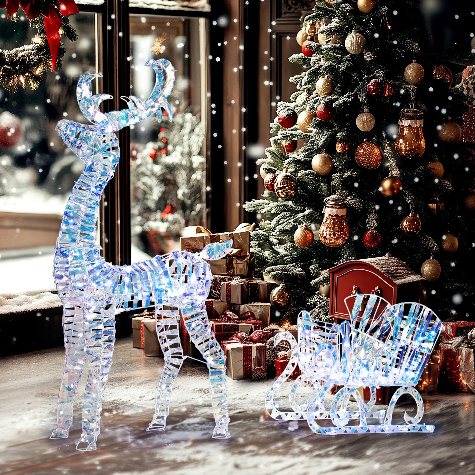 Lighted Christmas Reindeer with Sleigh, 170 LED Lights, Silver Christmas Deer Lights at Gallery Canada