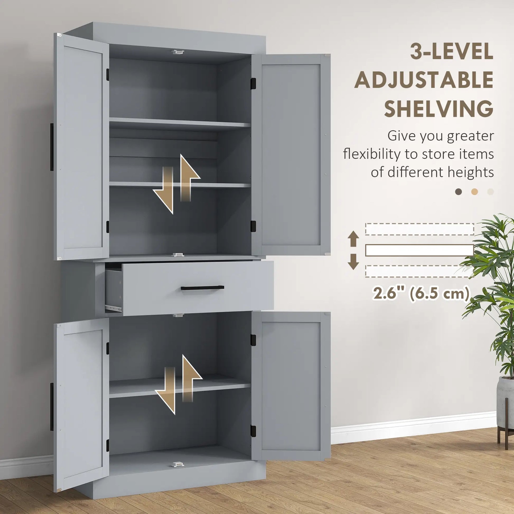 72" Kitchen Storage Cabinet, Farmhouse Pantry, 4 Barn Doors, Drawer, Adjustable Shelves, Grey Kitchen Pantry Cabinets at Gallery Canada