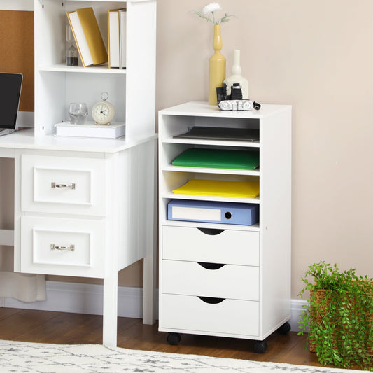 Vertical Filing Cabinet, Mobile File Cabinet on Wheels with 3 Drawers and 4 Open Shelves for Home Office, White - Gallery Canada
