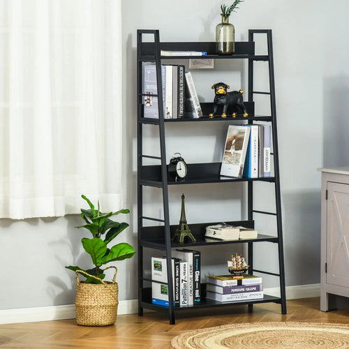 5-Tier Bookshelf, Metal Frame, Wooden Shelves, Living Room Furniture, Black