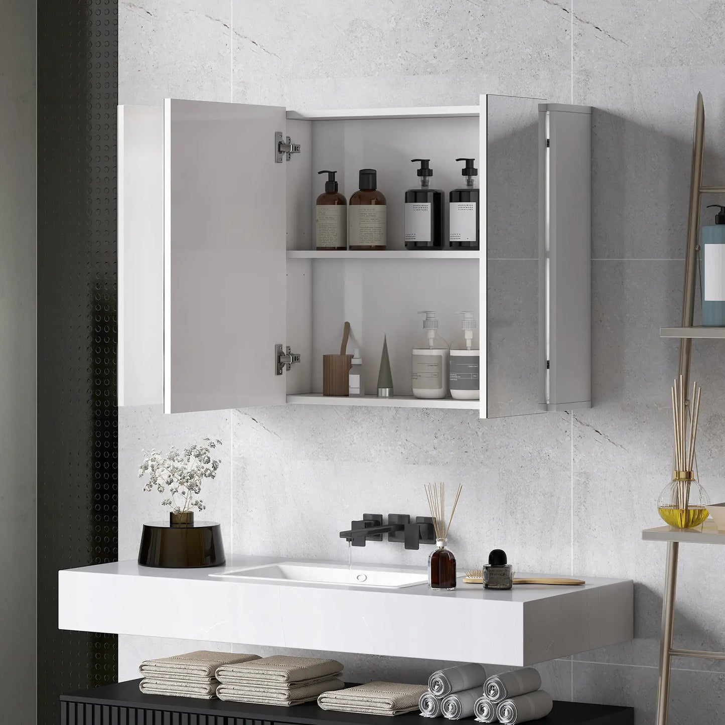 35" x 24" Wall Mounted Mirror Cabinet, 3 Doors, Adjustable Shelves, White Mirror Medicine Cabinets at Gallery Canada