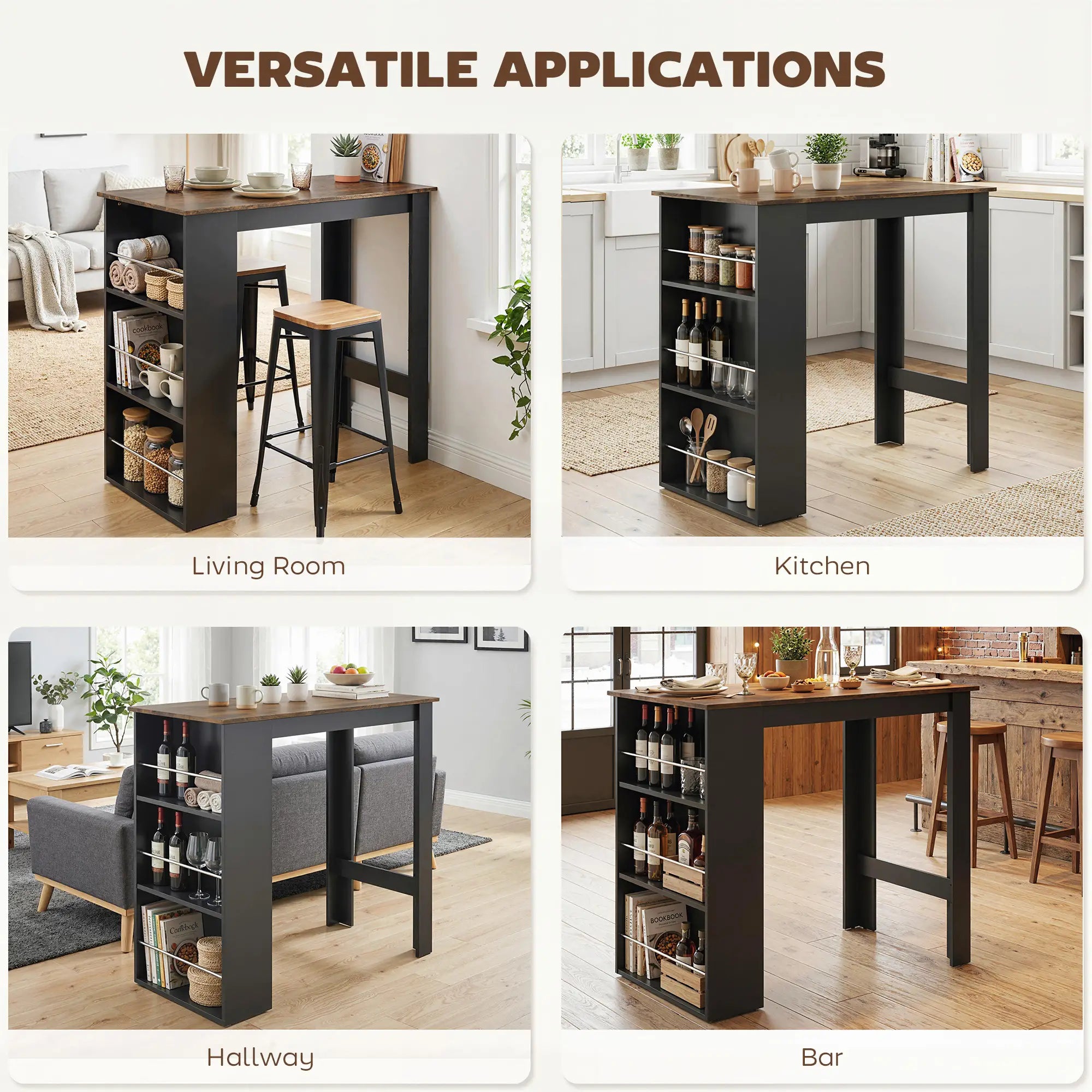 Modern Bar Table, Counter Height, 3 Storage Shelves, Rustic Brown, Brown Bar Tables at Gallery Canada