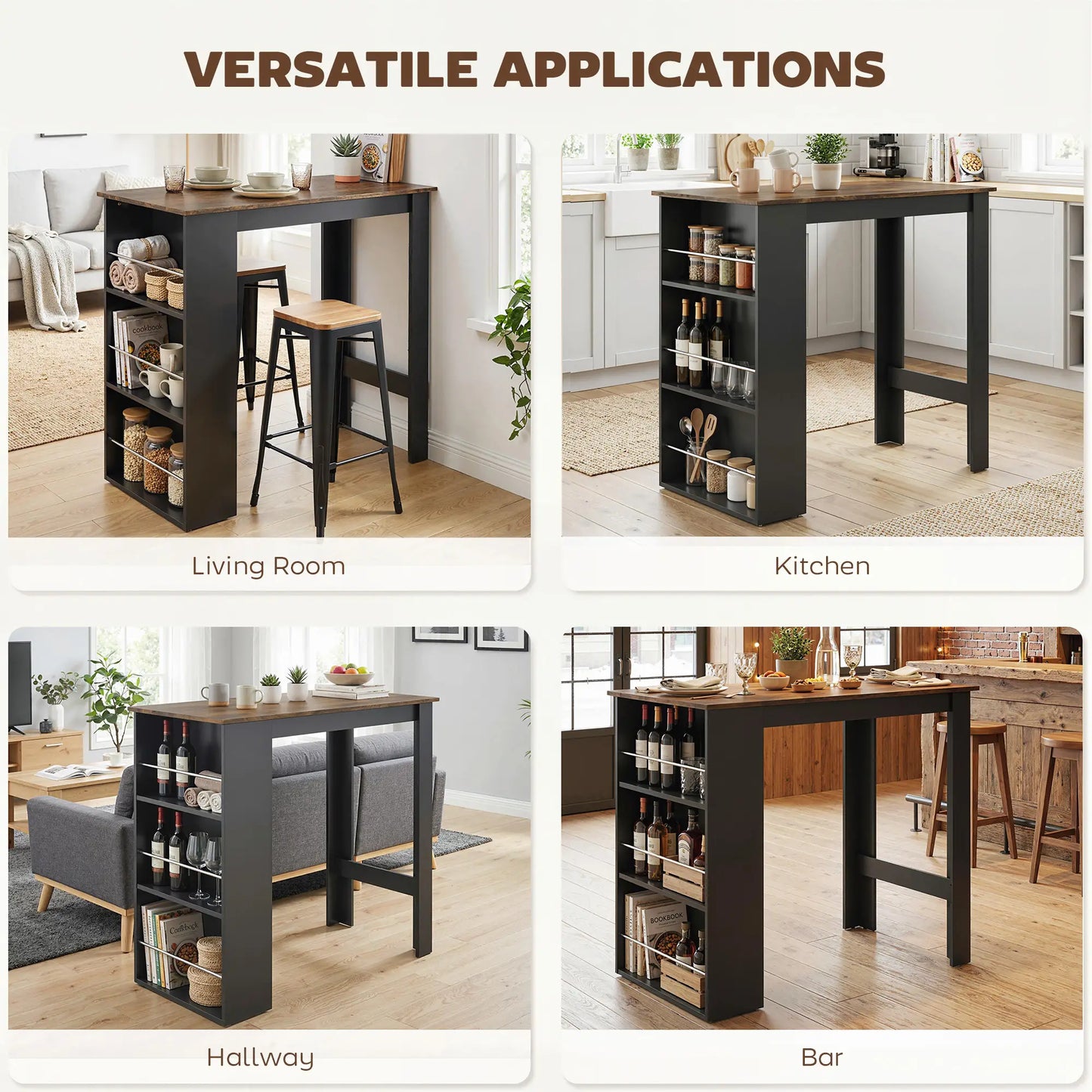 Modern Bar Table, Counter Height, 3 Storage Shelves, Rustic Brown, Brown Bar Tables at Gallery Canada